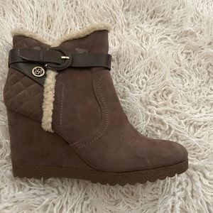 Liz Claiborne suede, quilted wedge bootie. 3/4 zip.